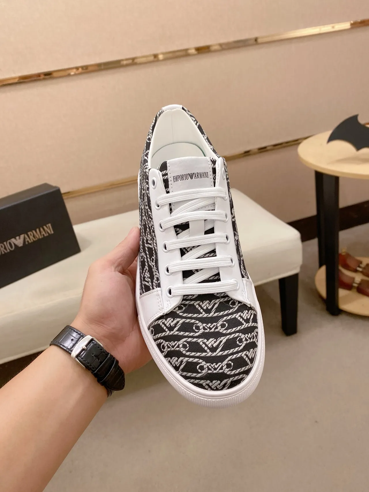 Emporio Armani Monogram-Print White-Accent Lifestyle Sneakers
