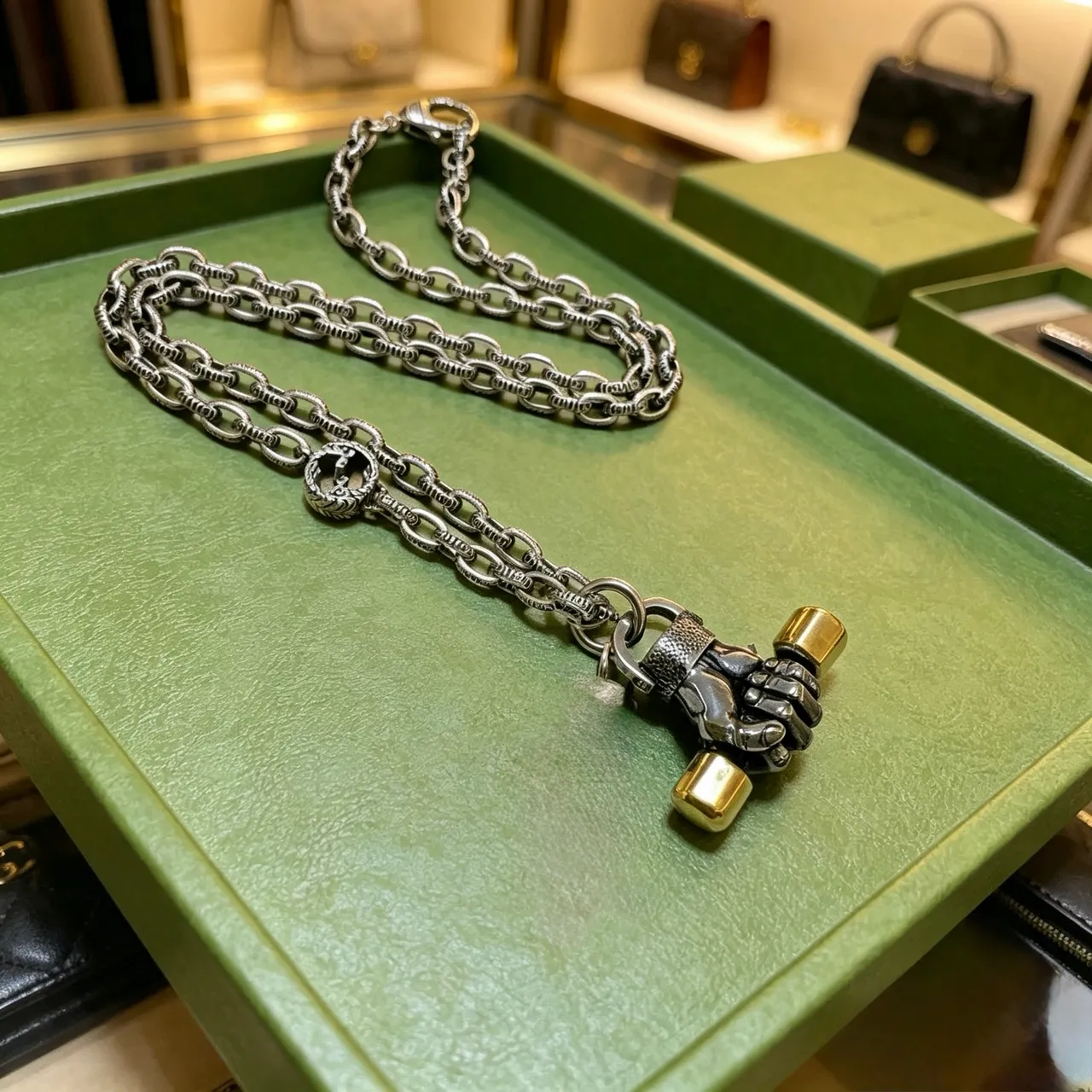 Gucci Fist Pendant Silver Gold Oxidized Chain Sculpted Necklace
