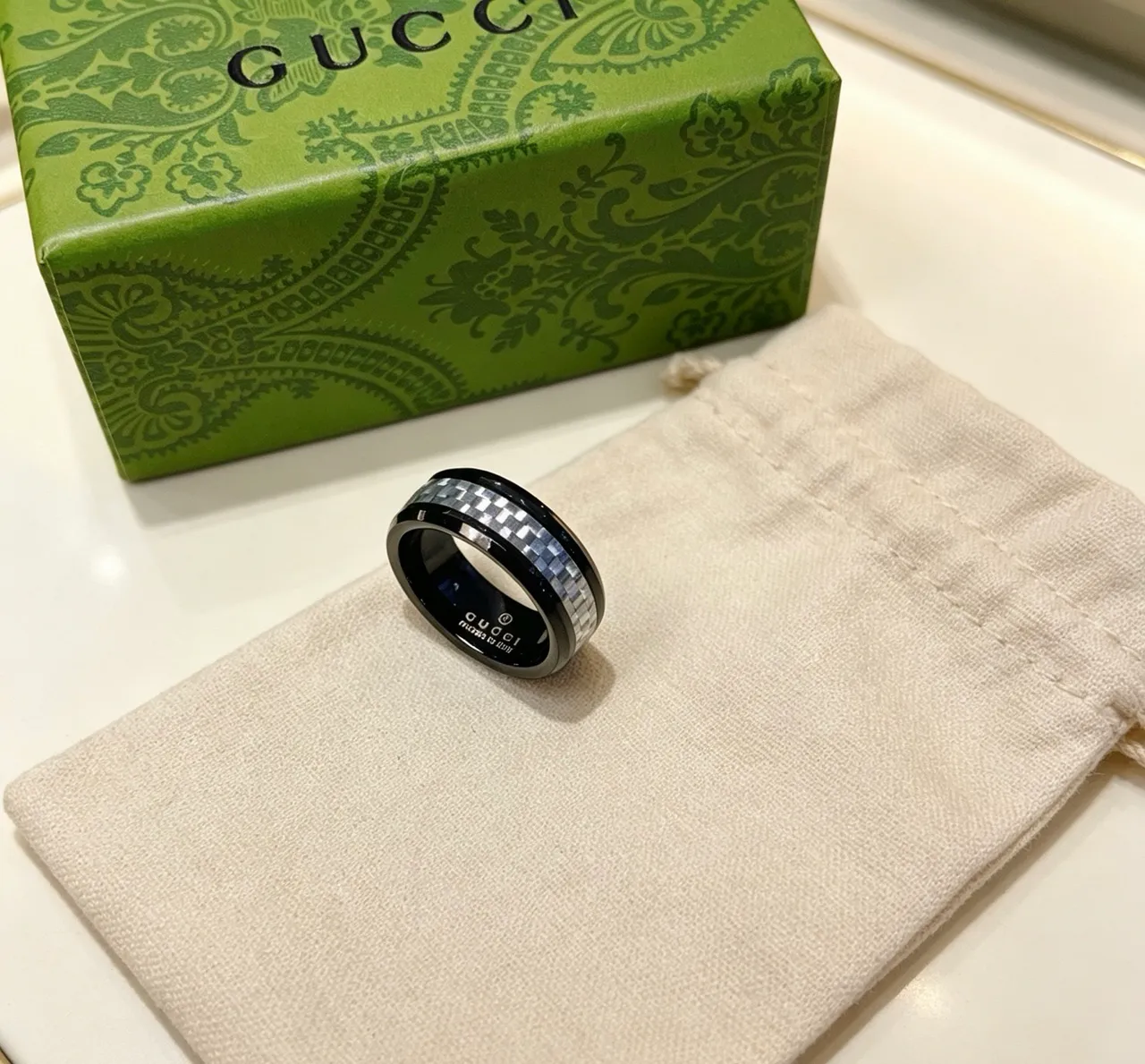Gucci Mosaic Black Silver Ceramic Checkered Inlay Ring
