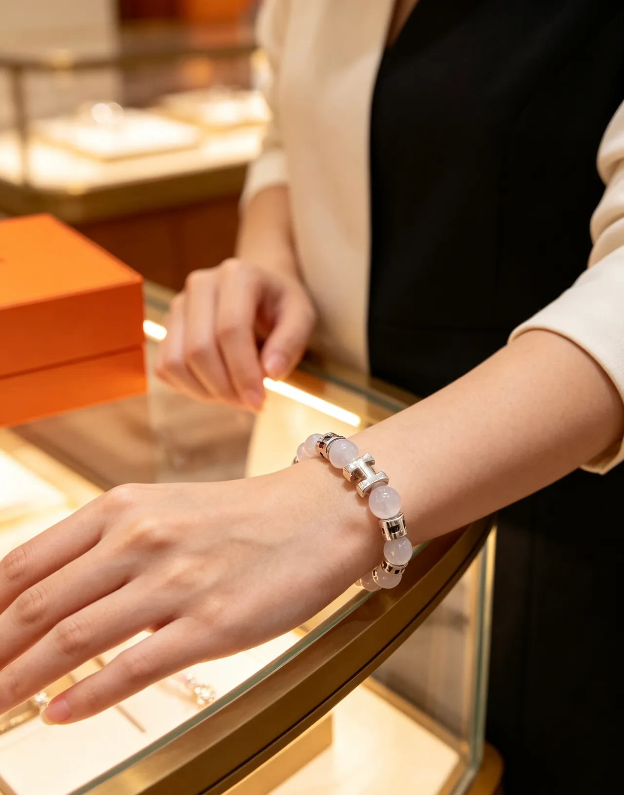 Hermès Beige Silver Beaded H-Motif Charms Bracelet
