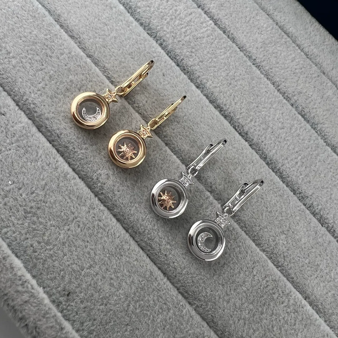 Sun and Moon Motif Crystal Dome Lever-Back Earrings