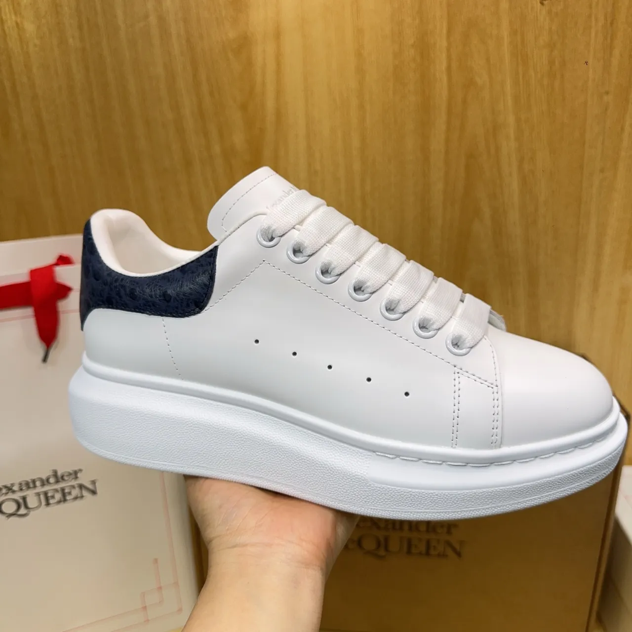 Alexander McQueen Oversized Sneaker White Navy Platform Sole Perforated Toe Lifestyle Sneakers