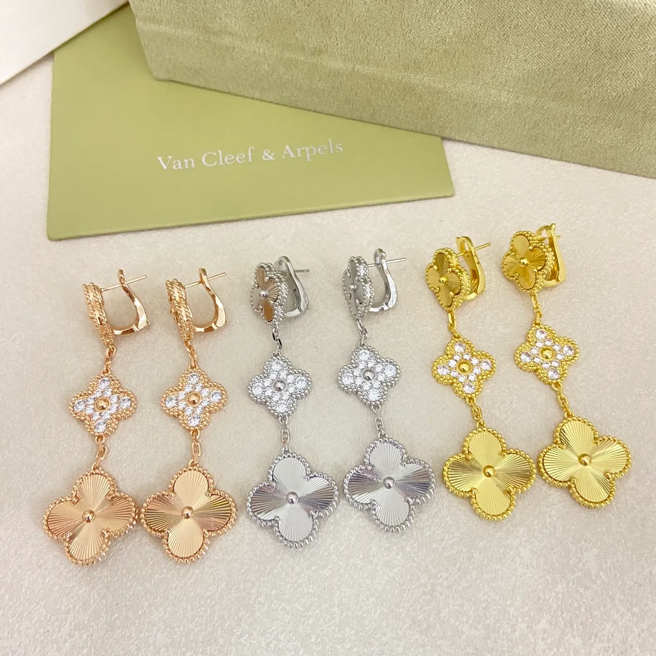 Van Cleef & Arpels Alhambra Multicolor Stone Inlay Dangling Earrings