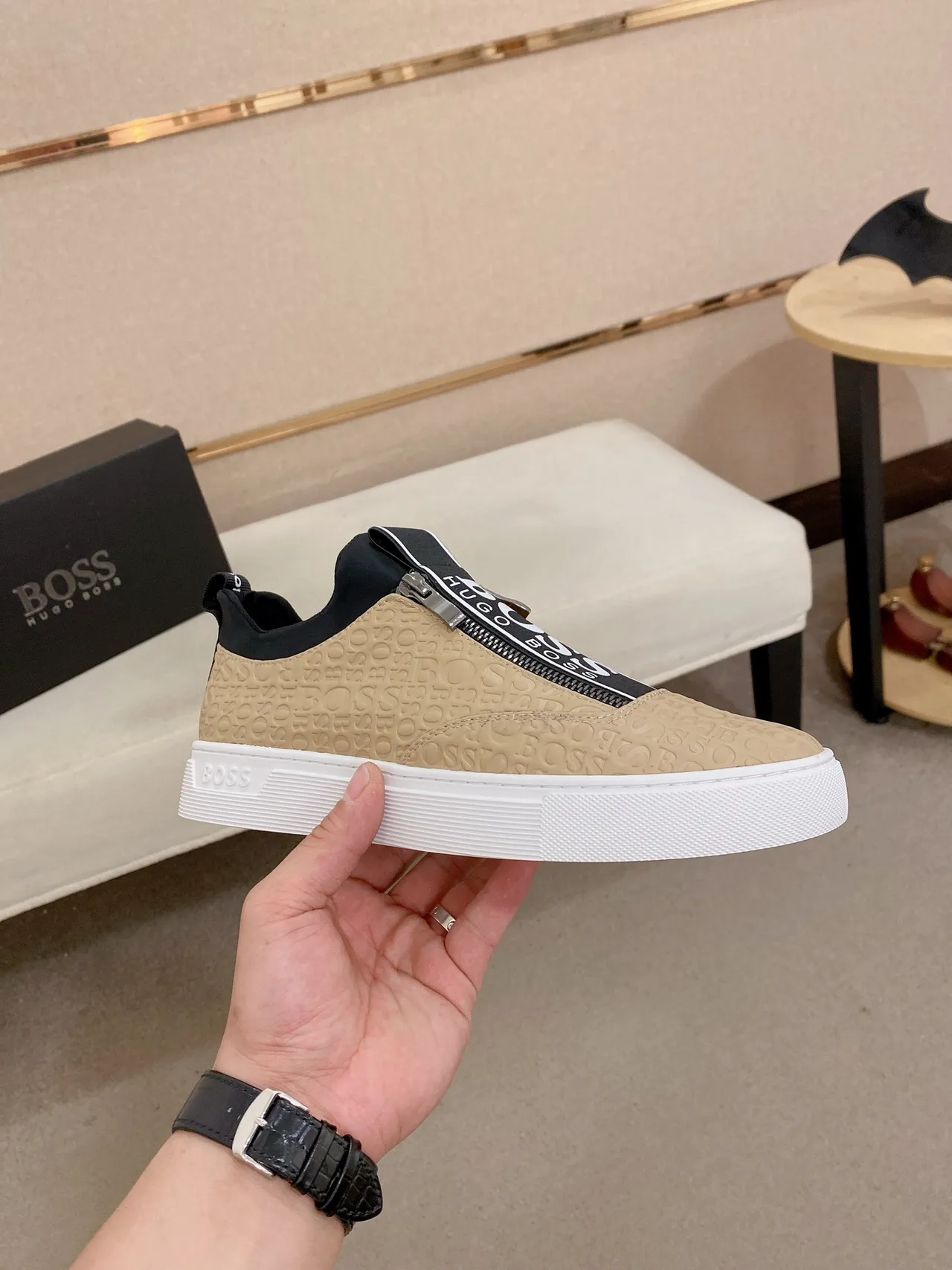 Hugo Boss Zip-Slip Embossed Logo Beige Lifestyle Sneakers