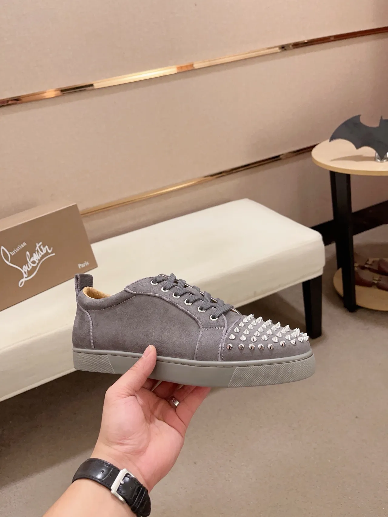 Christian Louboutin Gray Silver Suede Upper Spiked Toe Cap Lifestyle Sneakers