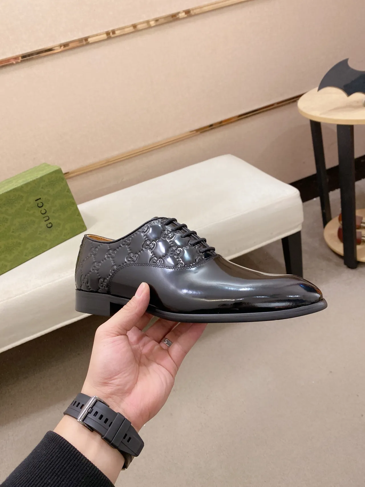Gucci Black Green Patent Leather GG Monogram Embossed Oxford Shoes