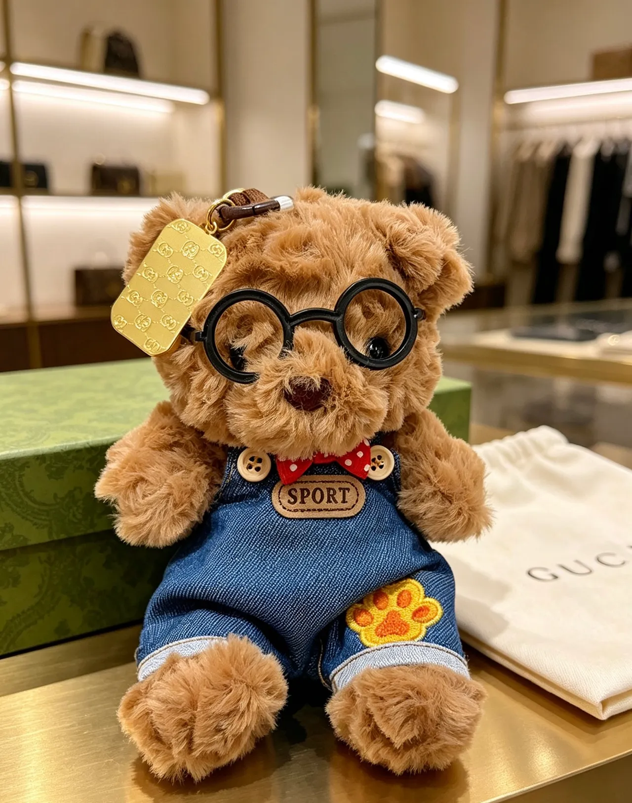 Gucci Brown Blue Plush Teddy Bear Denim Overalls Handbag