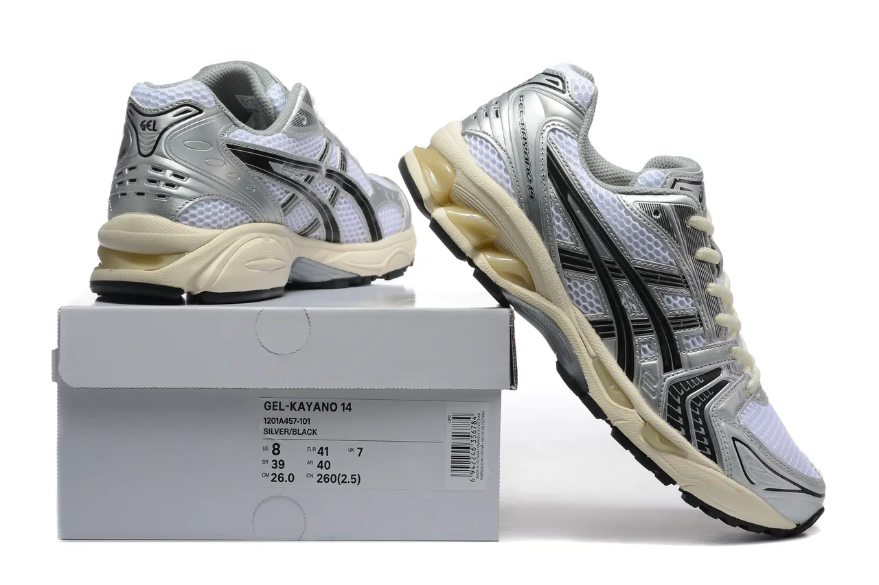 ASICS Gel-Kayano Silver Black Metallic Synthetic Overlays White Engineered Mesh Running Shoes