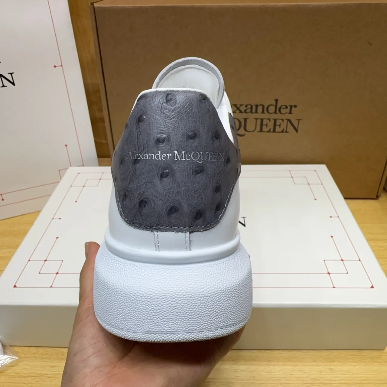 Alexander McQueen Oversized Sneaker White Gray Platform Sole Ostrich-Textured Heel Lifestyle Sneakers