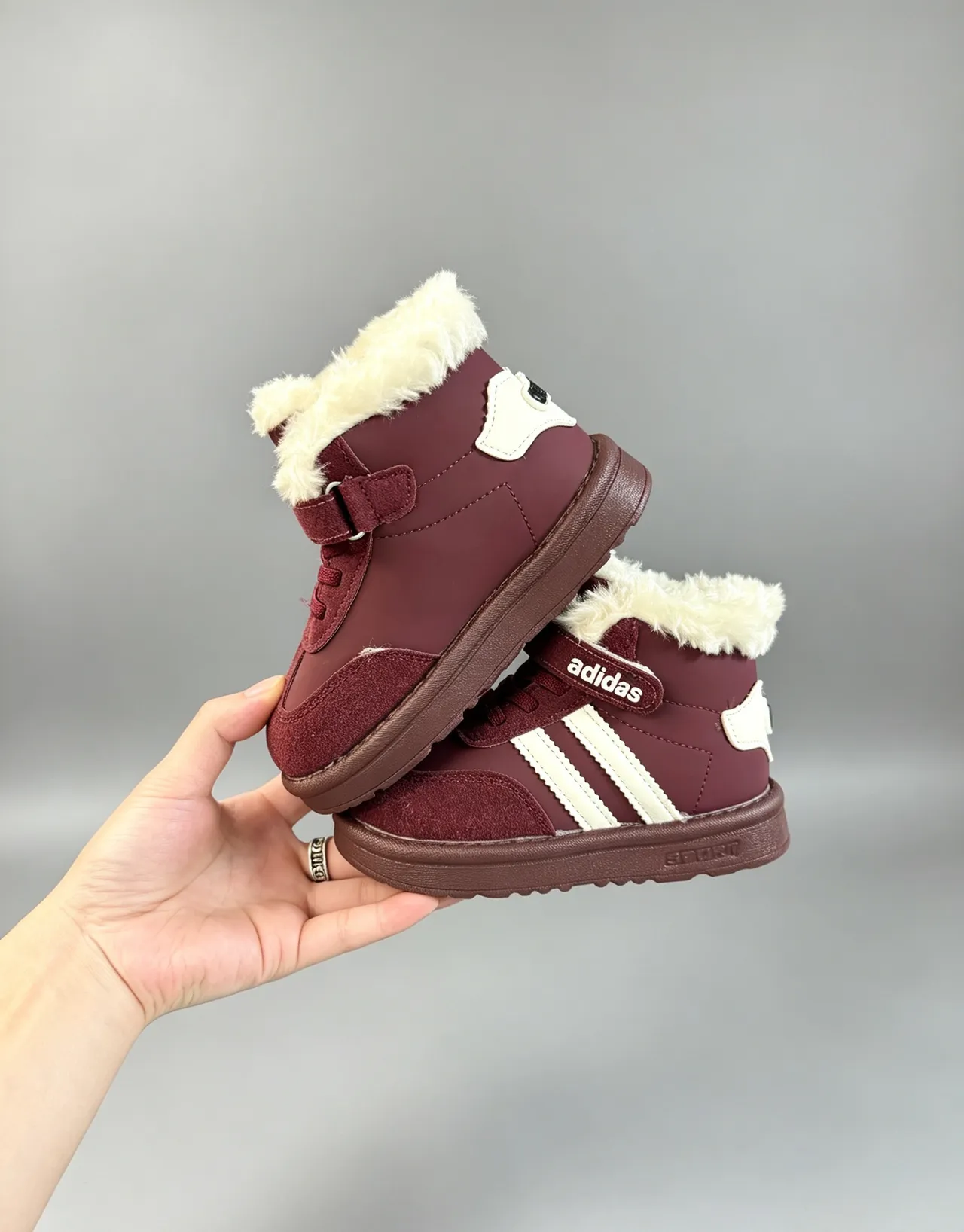 Adidas Brown White Fur-Lined Collar Three-Stripe Side Panel Snow Boots
