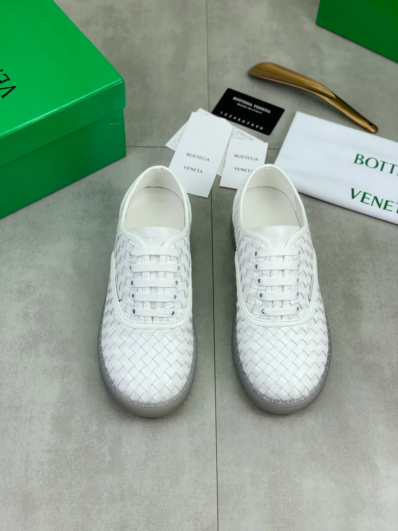 Bottega Veneta Cassette White Woven Leather Lifestyle Sneakers