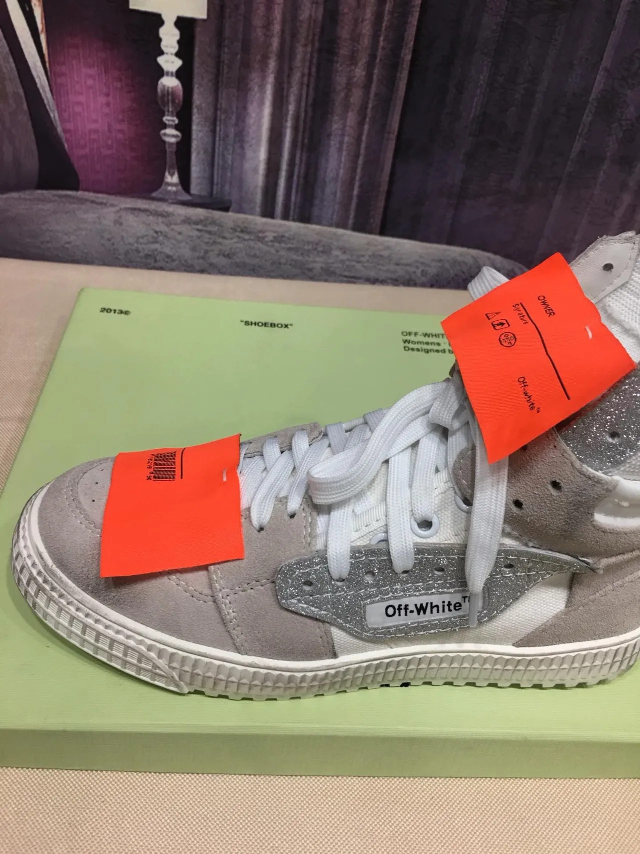 Off-White Beige Silver High-Top Glitter-Accented Lifestyle Sneakers