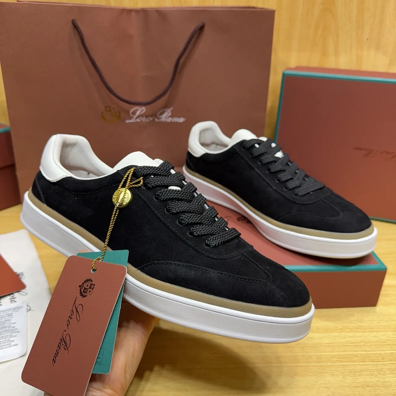Loro Piana Black Suede White Collar Lifestyle Sneakers