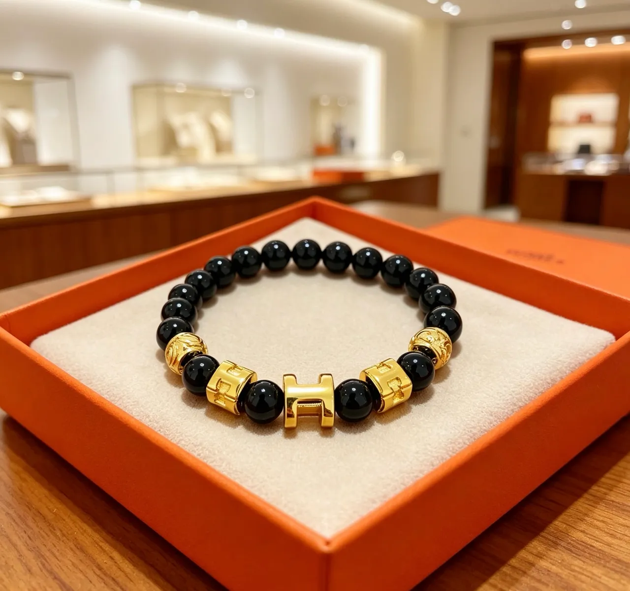Hermès H Collection Black Onyx and Gold-Tone Beaded Bracelet