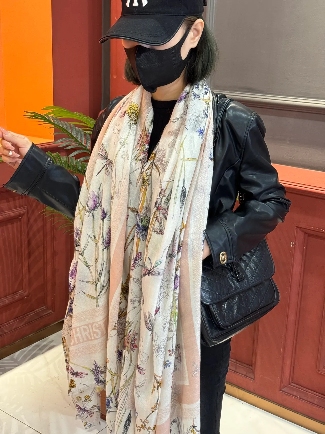 Beige Multicolor Botanical Print Sheer Lightweight Silk Scarf