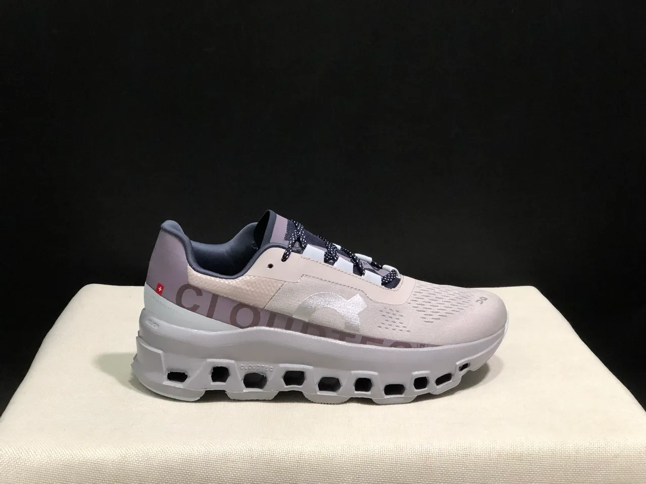 On Cloudmonster Beige Navy Running Shoes