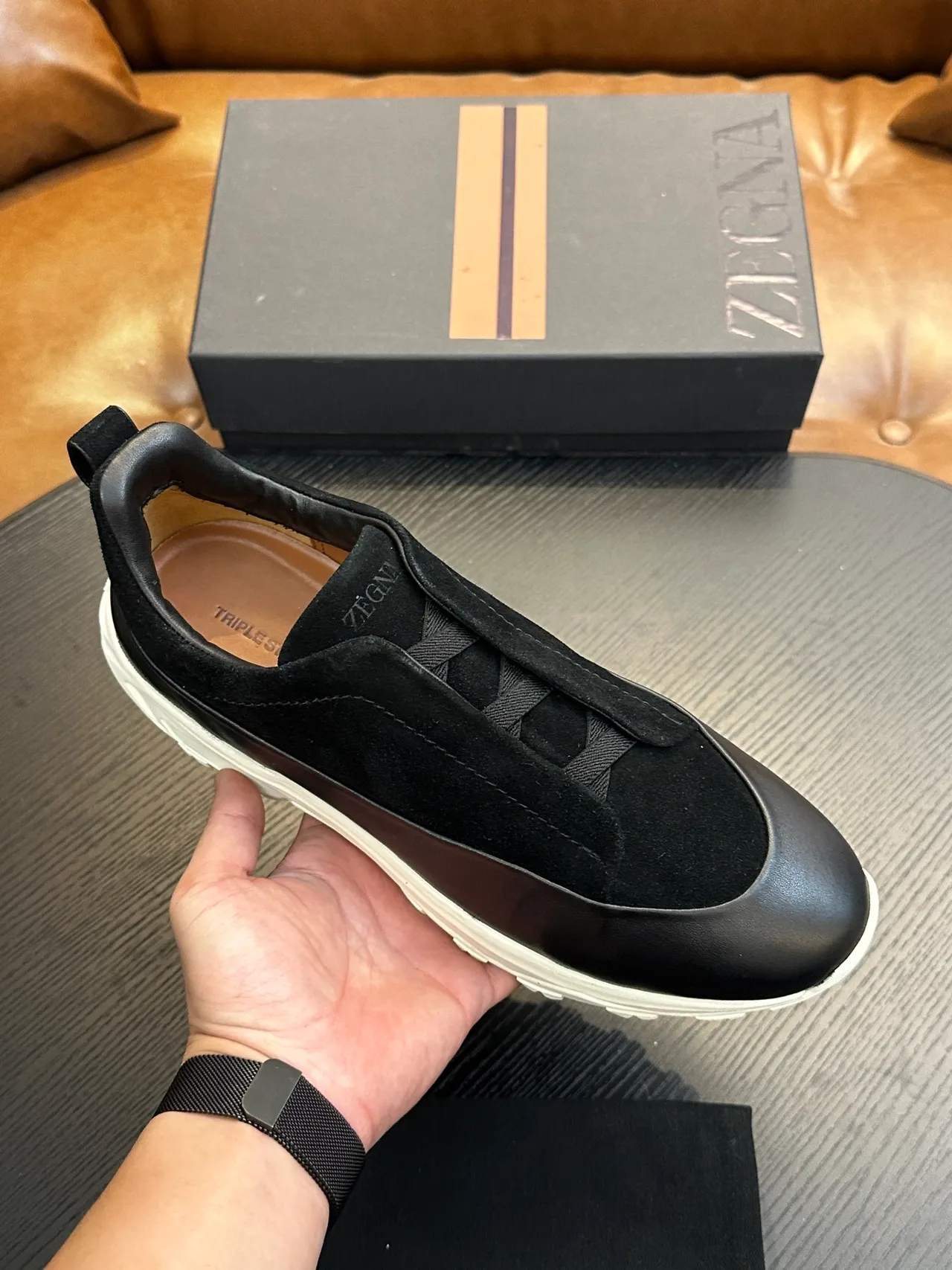 Zegna Black White Slip-On Construction Suede And Leather Upper Sneakers