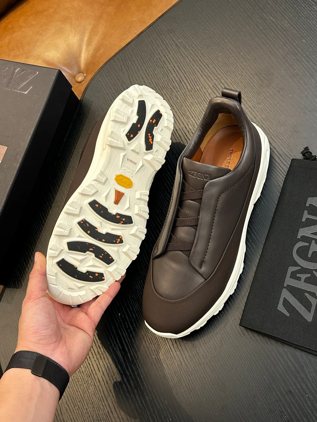 Zegna Brown White Slip-On Leather Upper Lifestyle Sneakers