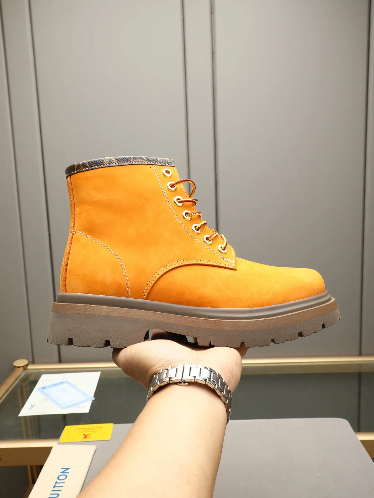 Louis Vuitton Orange Suede Monogram Collar Work Boot