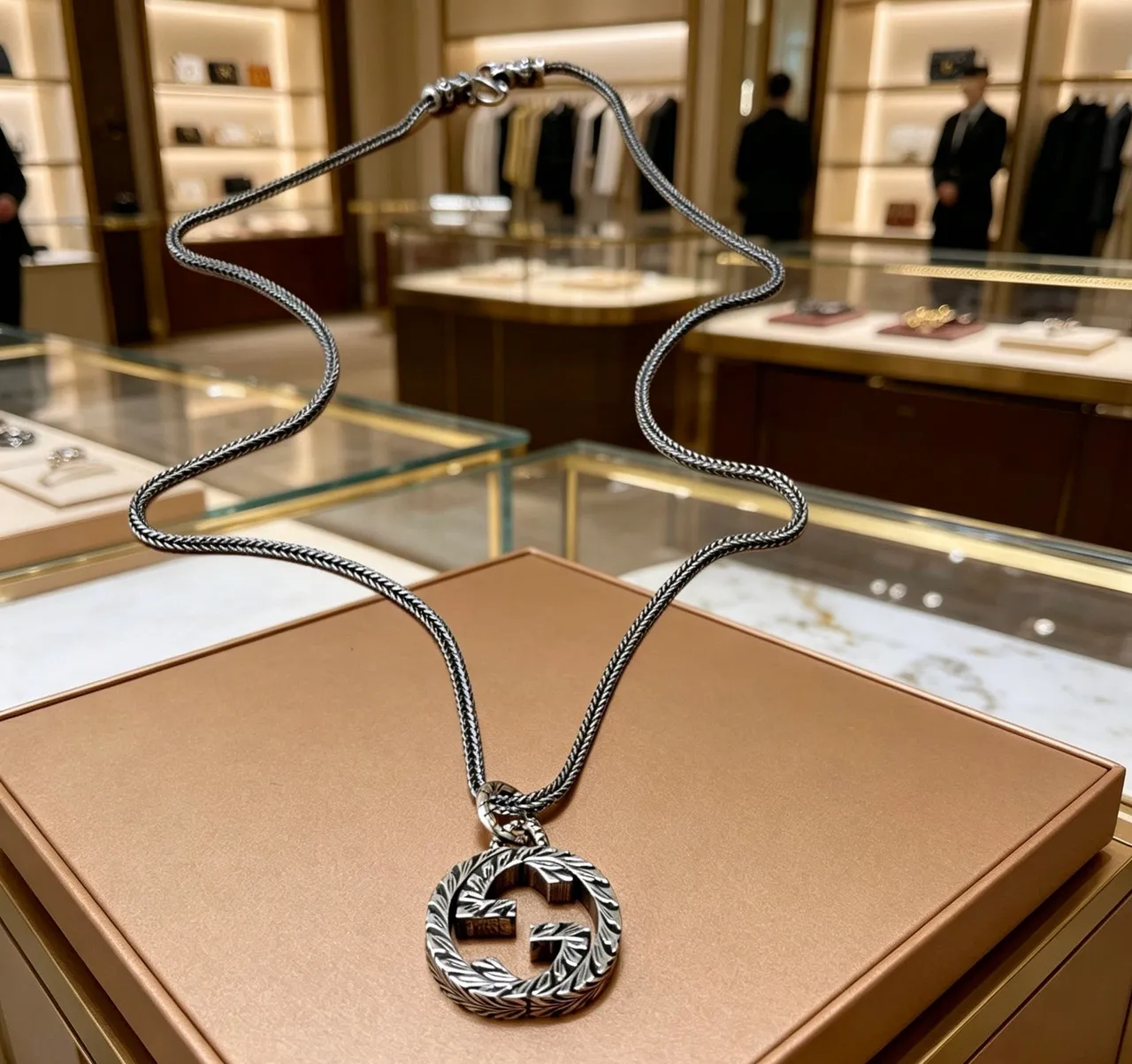 Gucci Silver Braided Rope Chain Interlocking GG Pendant Necklace