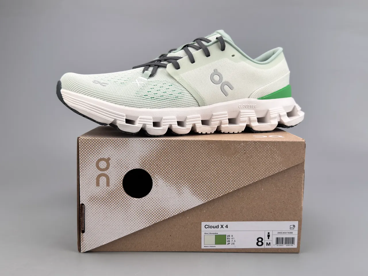 On Green White Engineered Knit Upper Segmented CloudTec Midsole Sneakers
