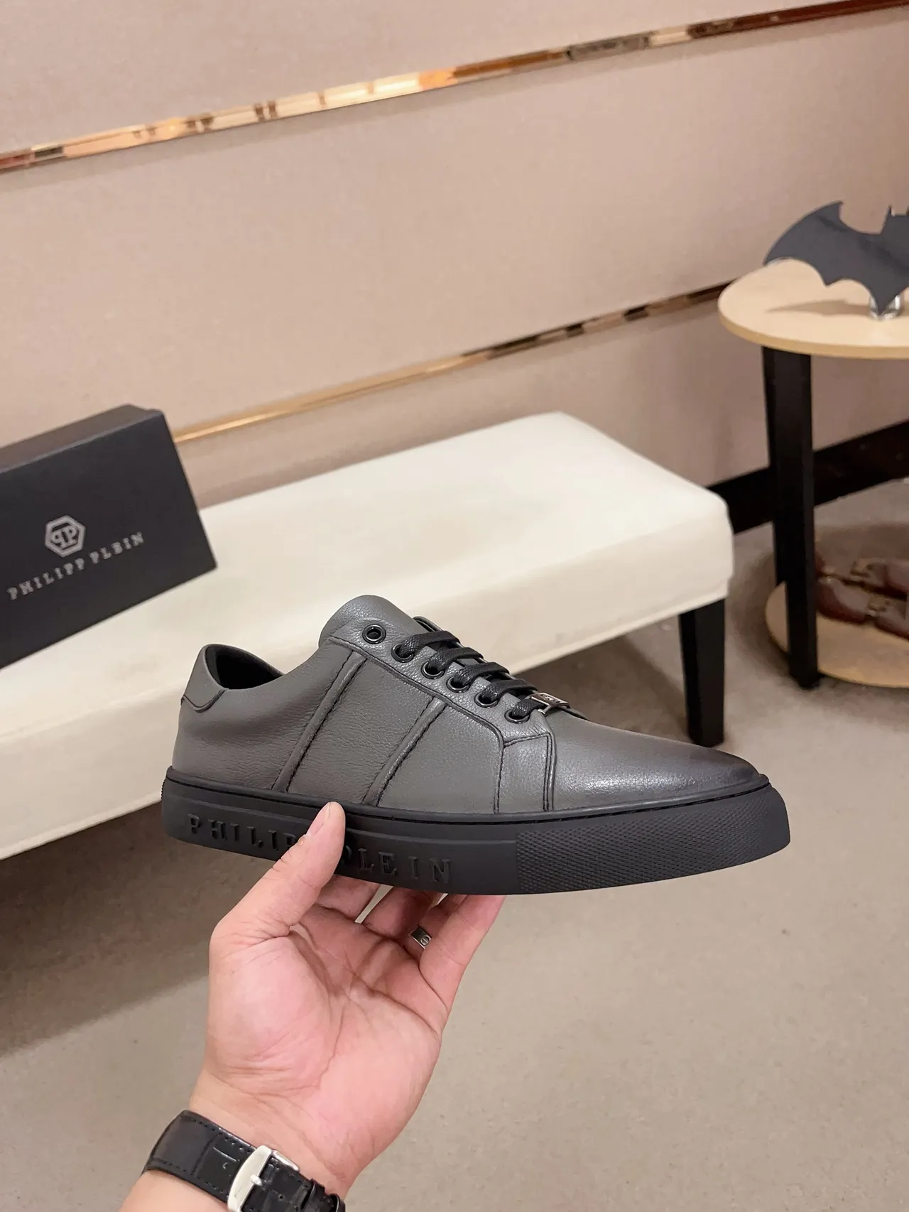 Philipp Plein Gray Leather Low-Top Lifestyle Sneakers