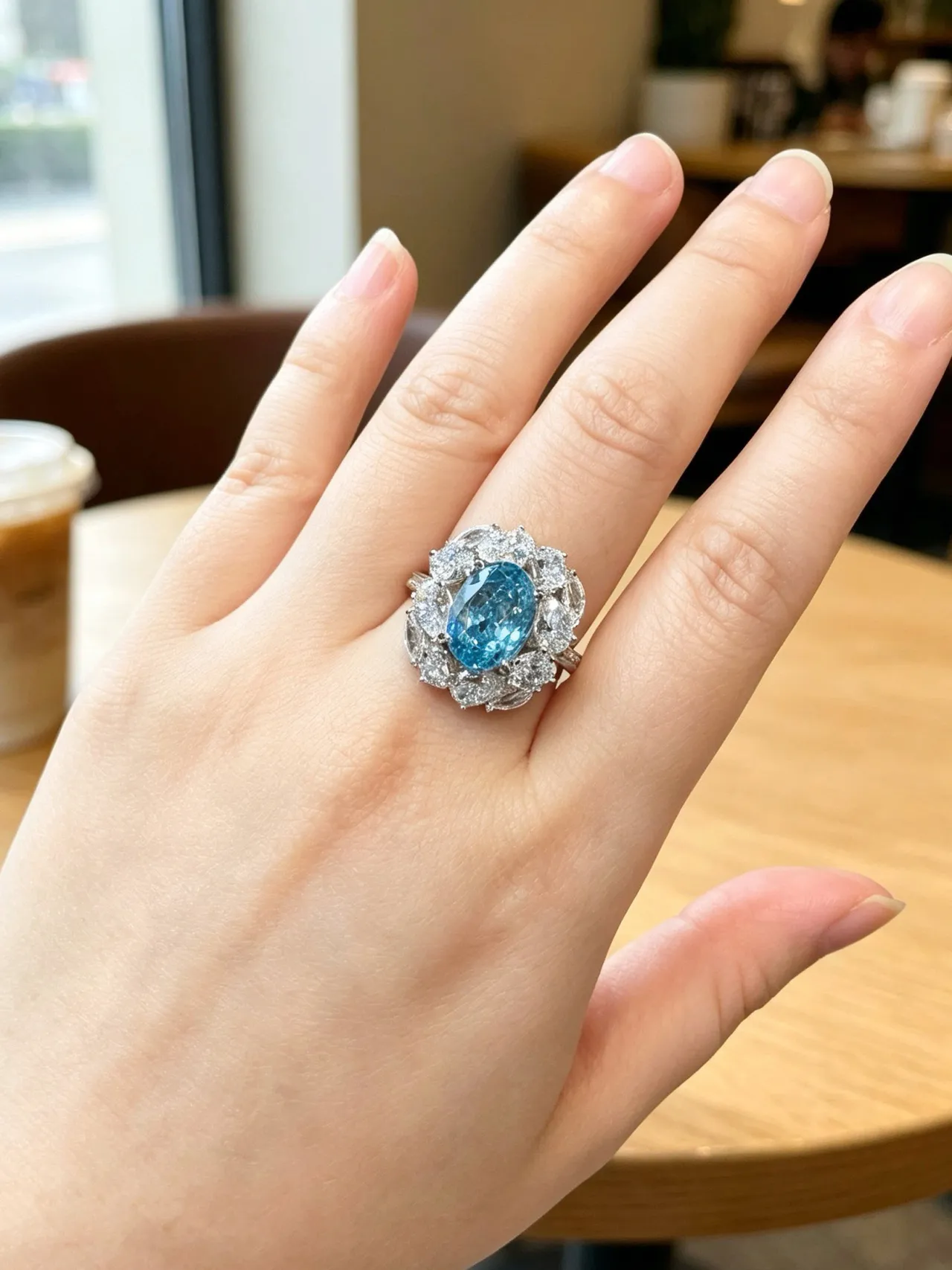 Oval Blue Gemstone Halo Cluster Ring