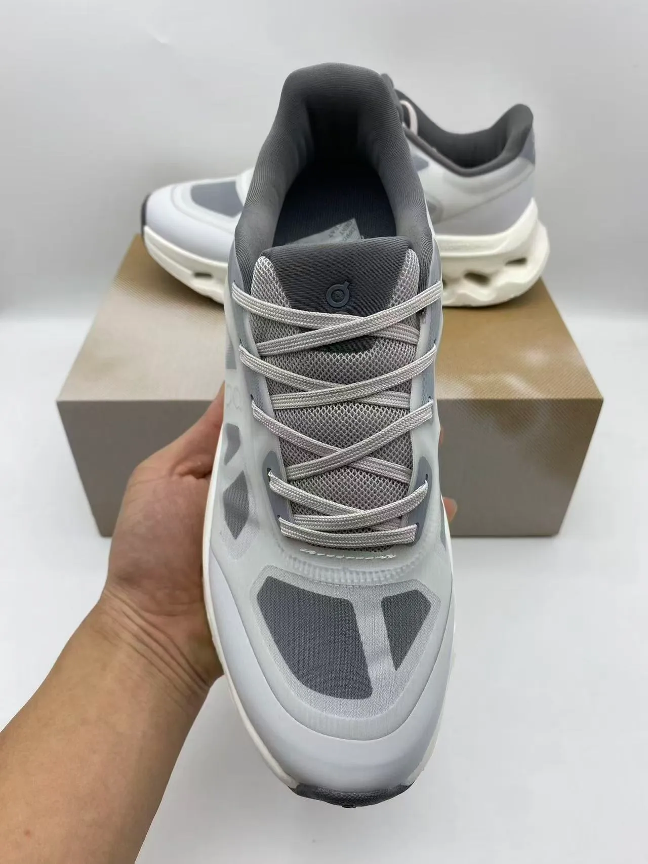 On Beige Gray Sculpted Open-Cell Midsole Mesh And Synthetic Overlay Upper Running Shoes
