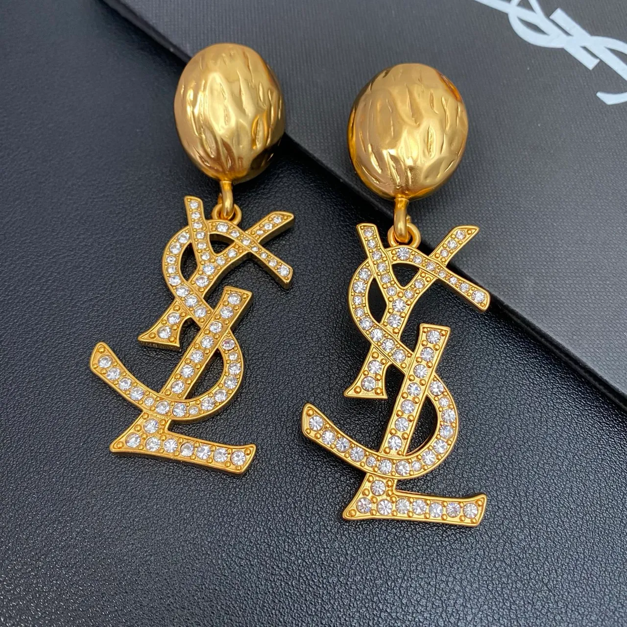 Saint Laurent YSL Monogram Pavé Crystal Gold Dangling Earrings