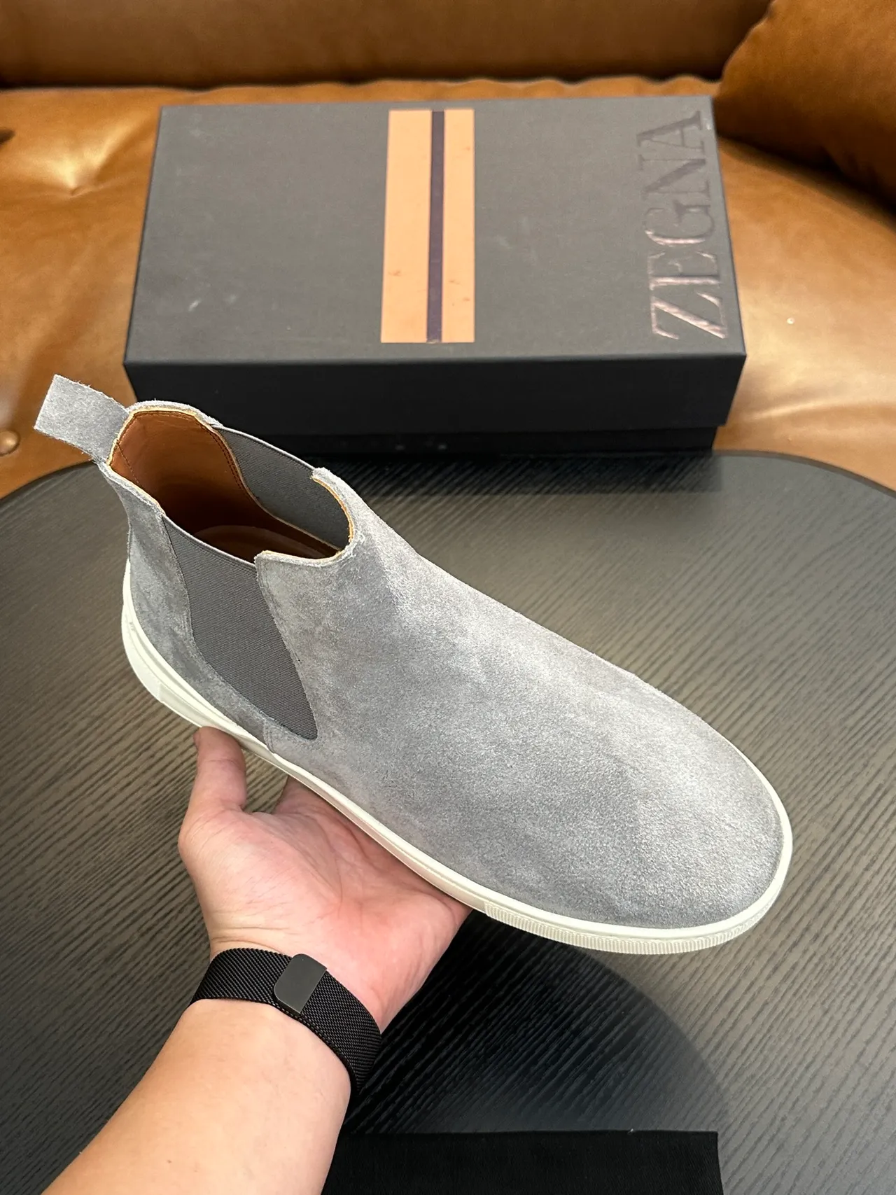 Zegna Gray White Suede Upper Elastic Side Gussets Chelsea Boots