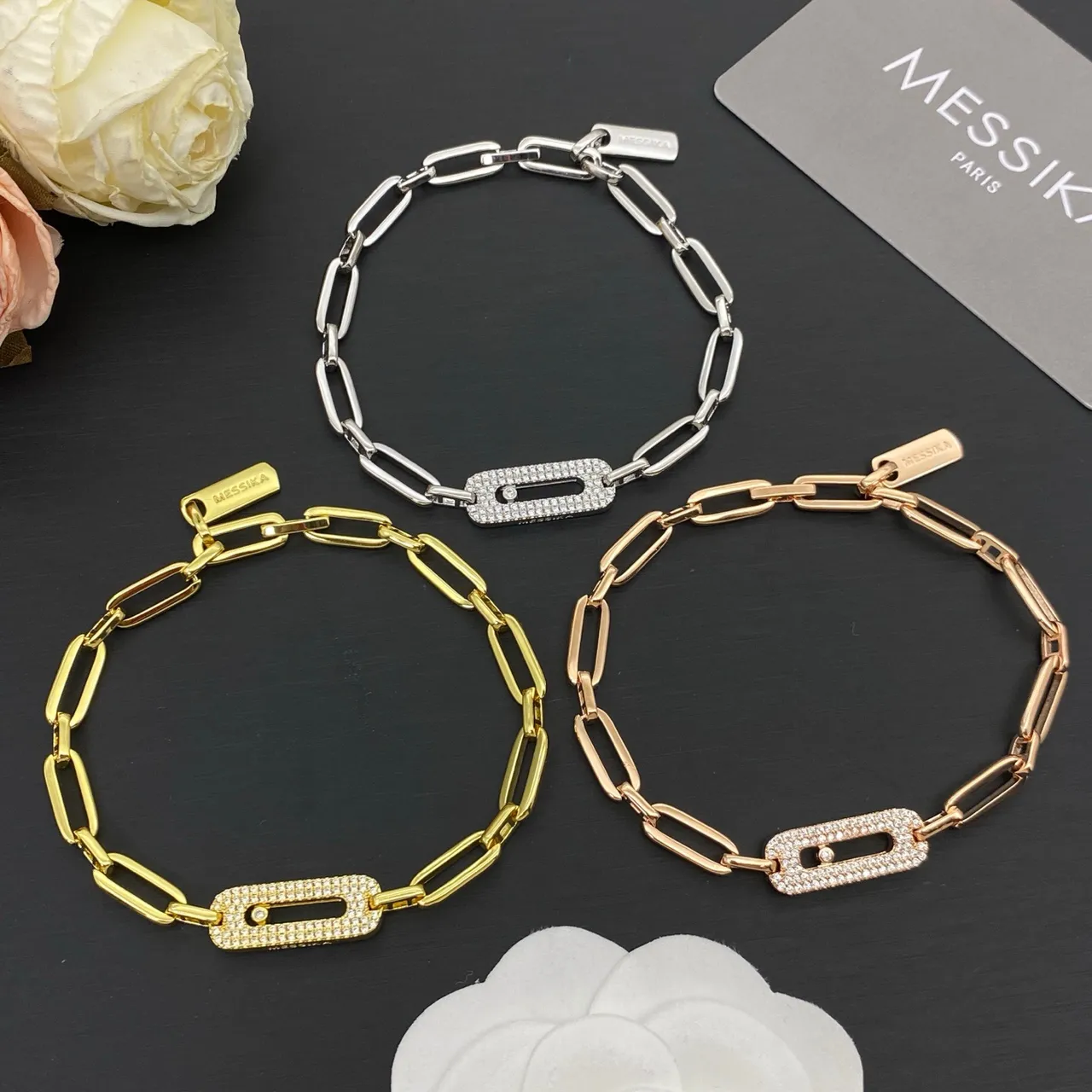 Messika Silver Gold Chain-Link Pavé-Set Rectangle Bracelet