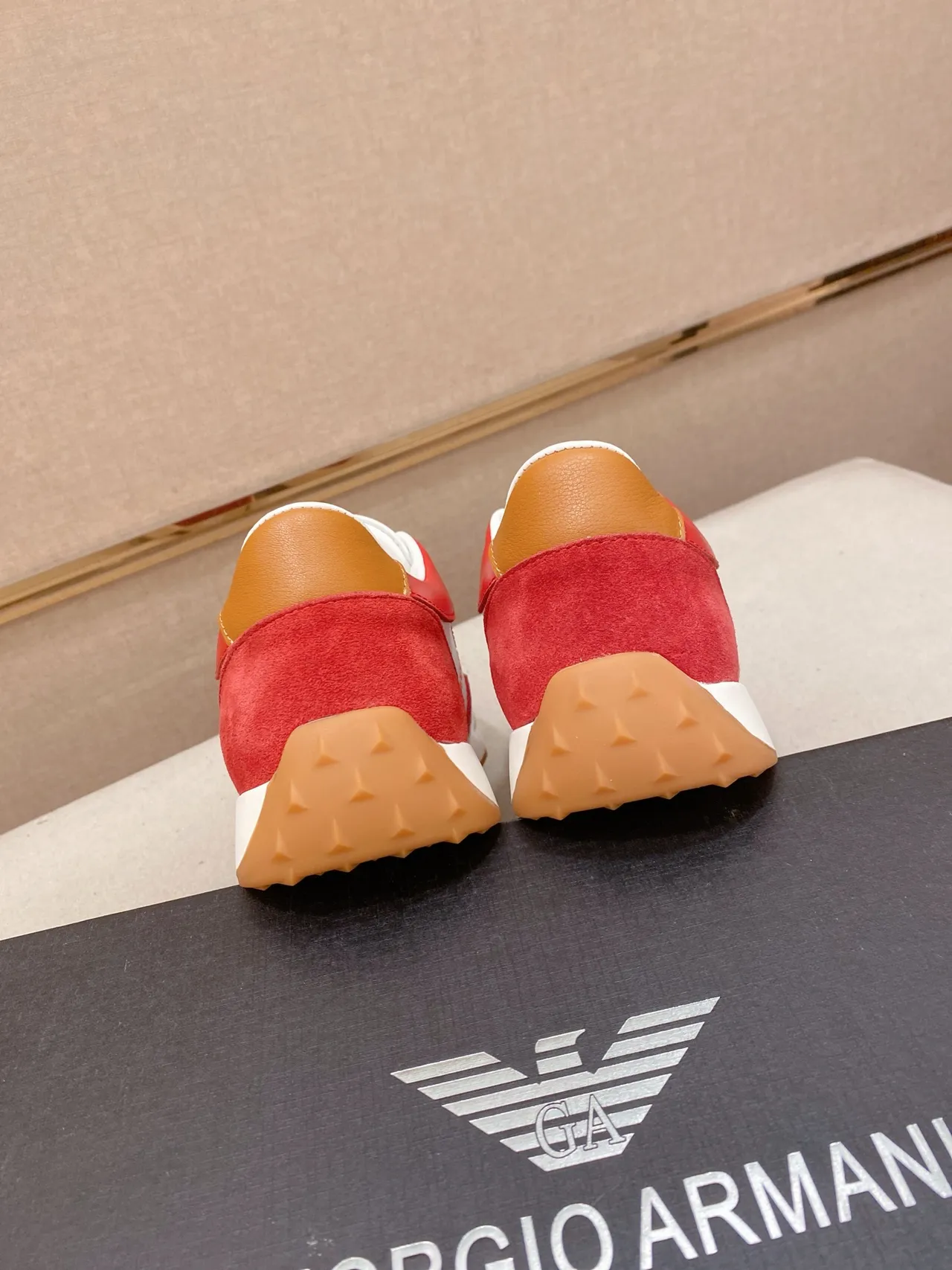 Emporio Armani Red and White Color-Blocked Suede Leather Sneaker