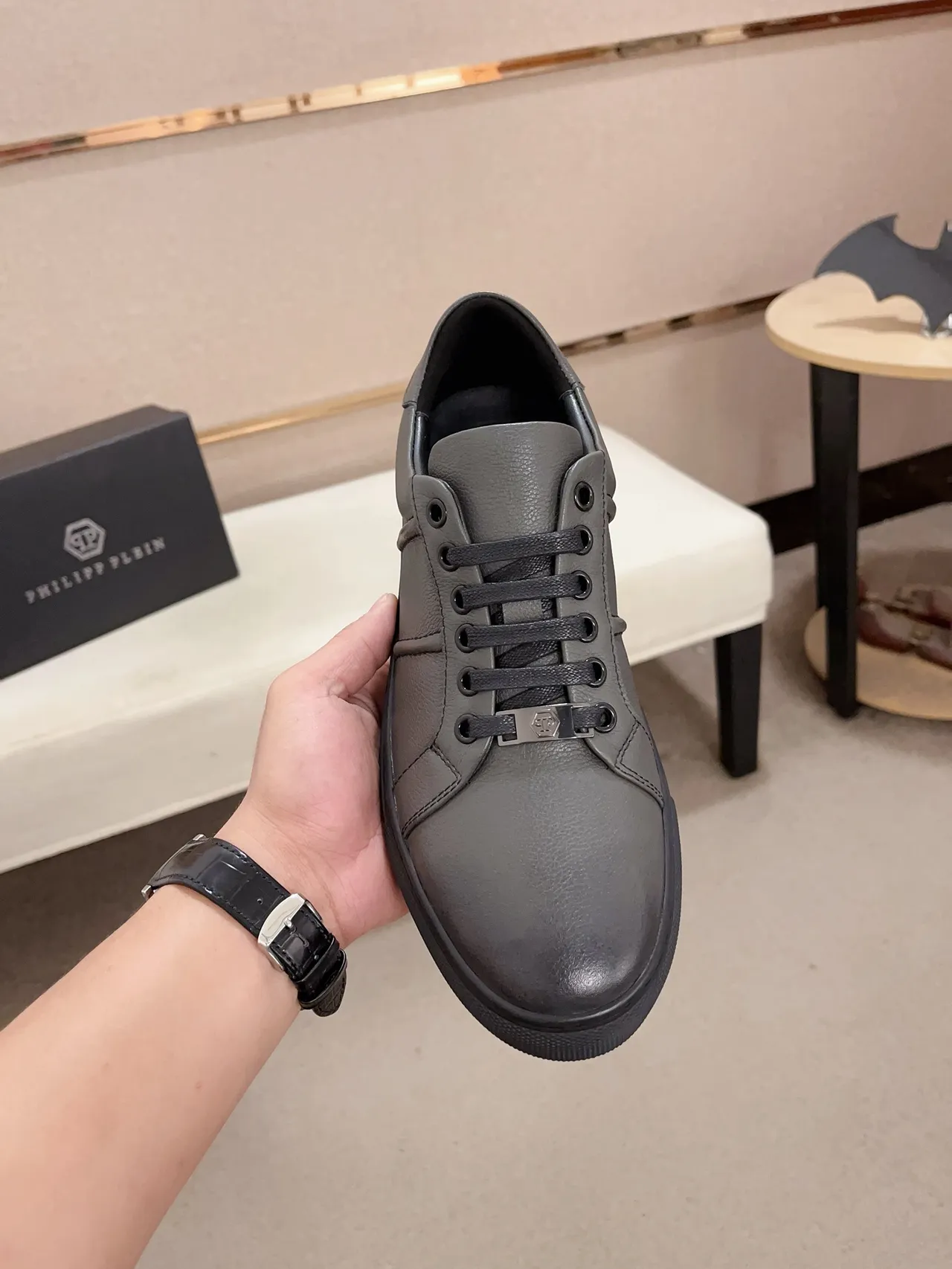 Philipp Plein Gray Leather Low-Top Lifestyle Sneakers
