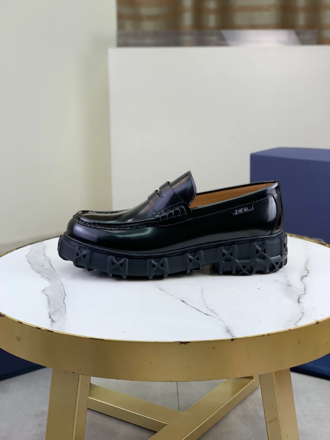 Dior Black Brown Glossy Patent Leather Penny Strap Loafer