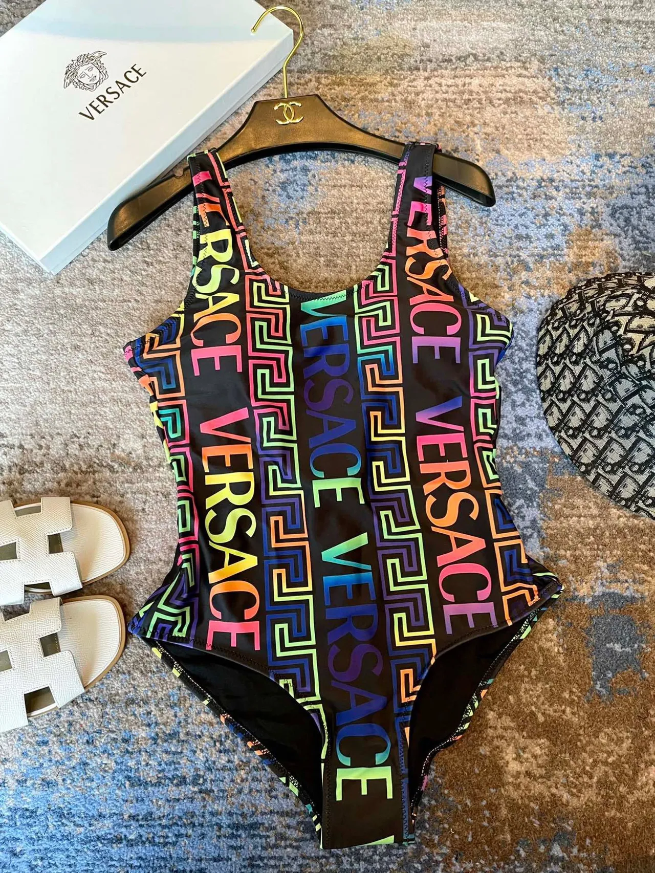 Versace Black Multicolor Square-Neck Thin-Strap Swimwear