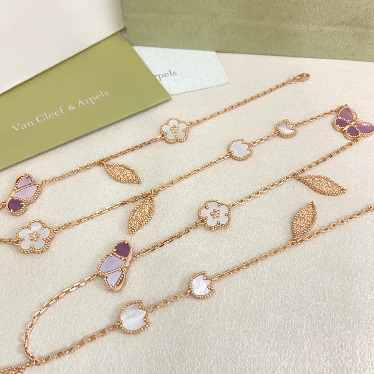 Rose-Gold-Tone Mother-of-Pearl Floral Butterfly Leaf Charm Long Chain Necklace