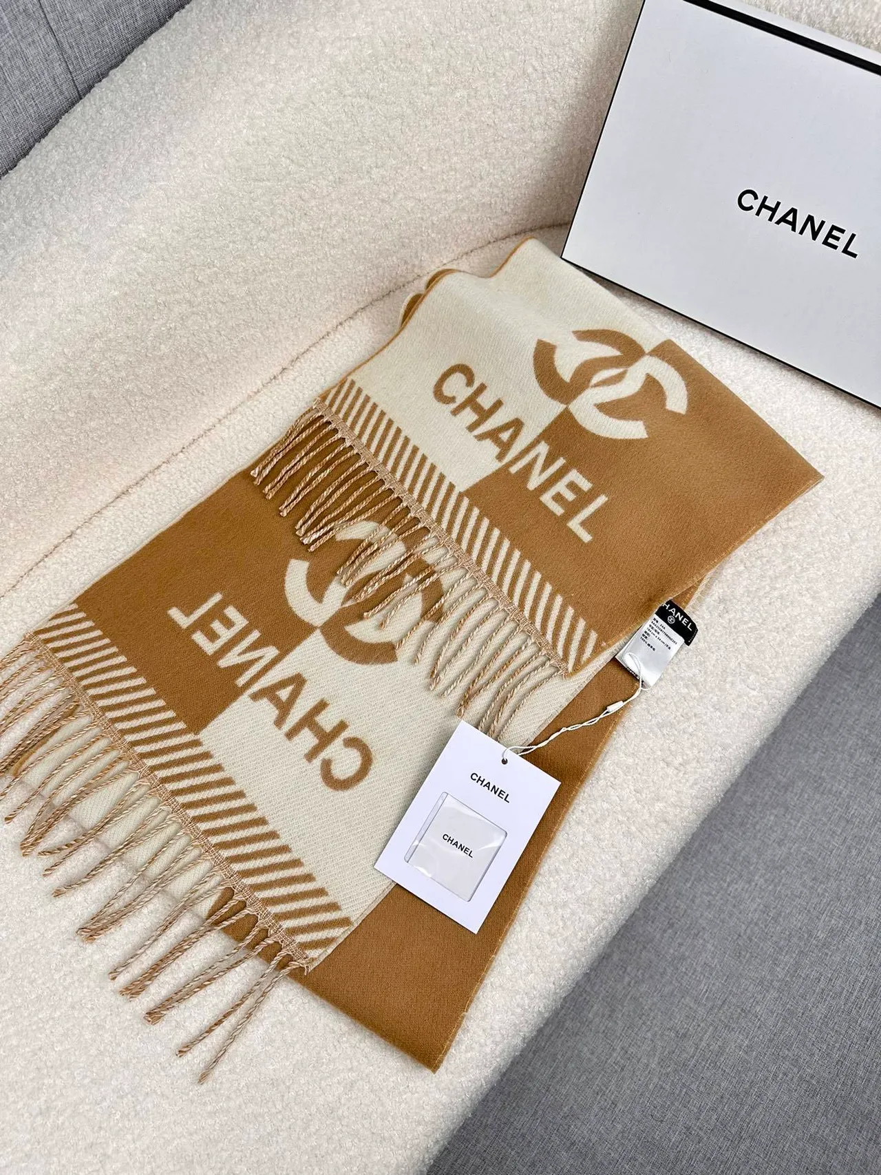 Chanel Monogrammed Beige and Cream Cashmere Scarf