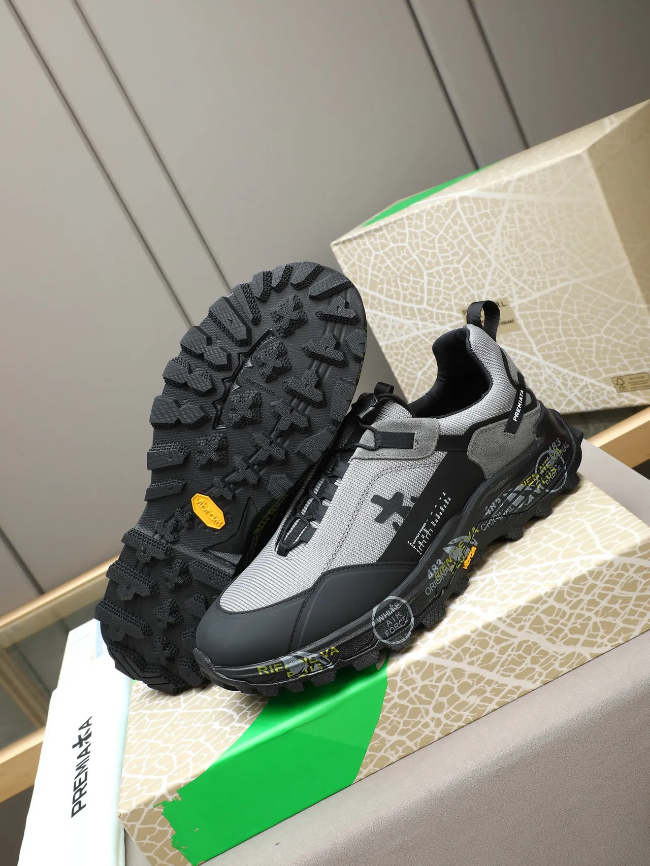 Premiata Gray Black Laceless Toggle Closure Mixed Upper Chunky Sneakers