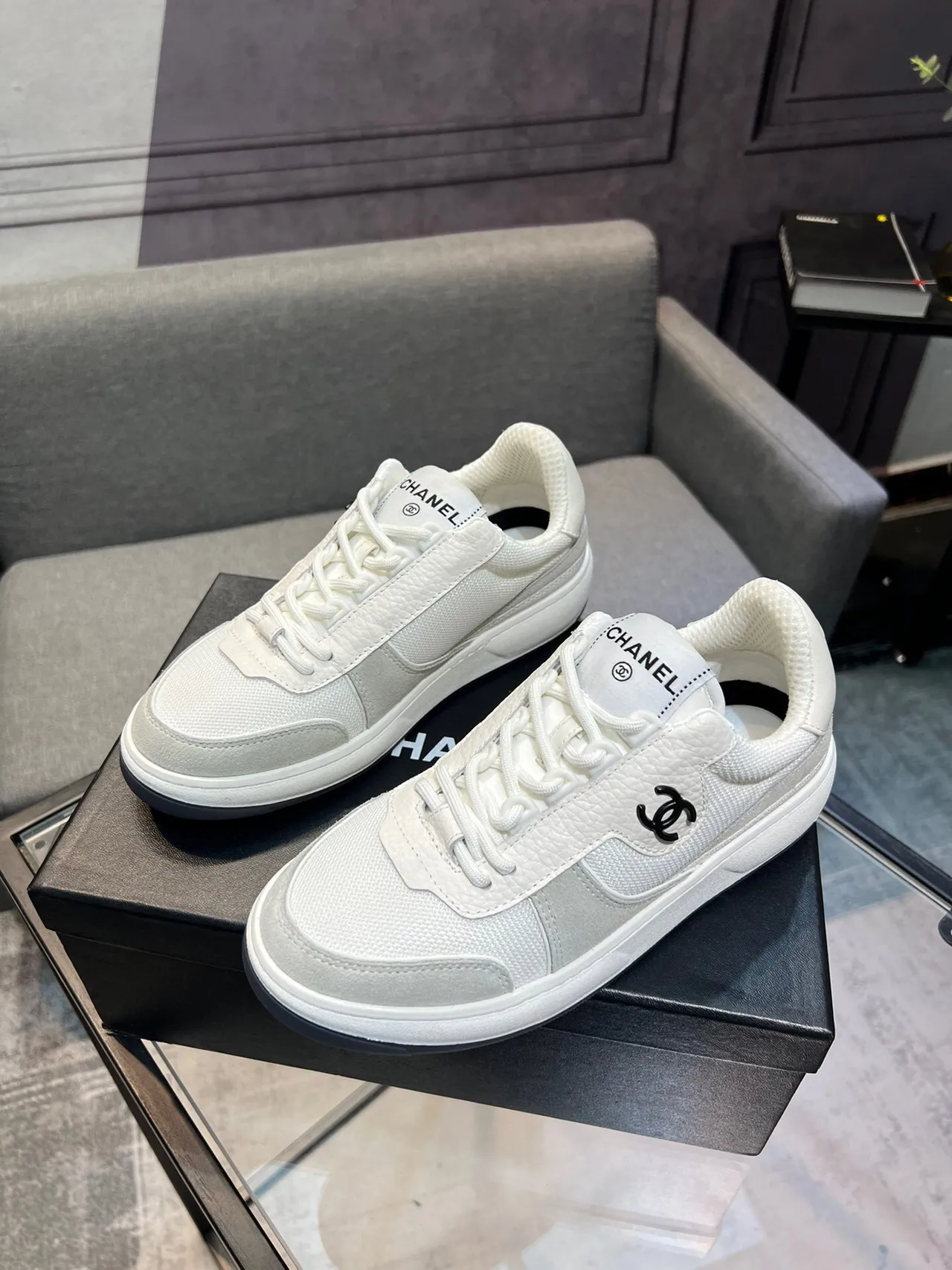Chanel White Gray Low-Top Mixed-Material Lifestyle Sneakers