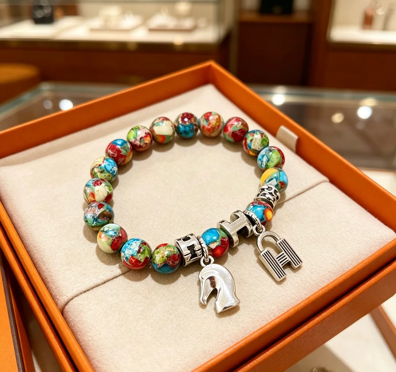 Hermès H Charm Bracelet Multicolor Enamel Bead Bracelet