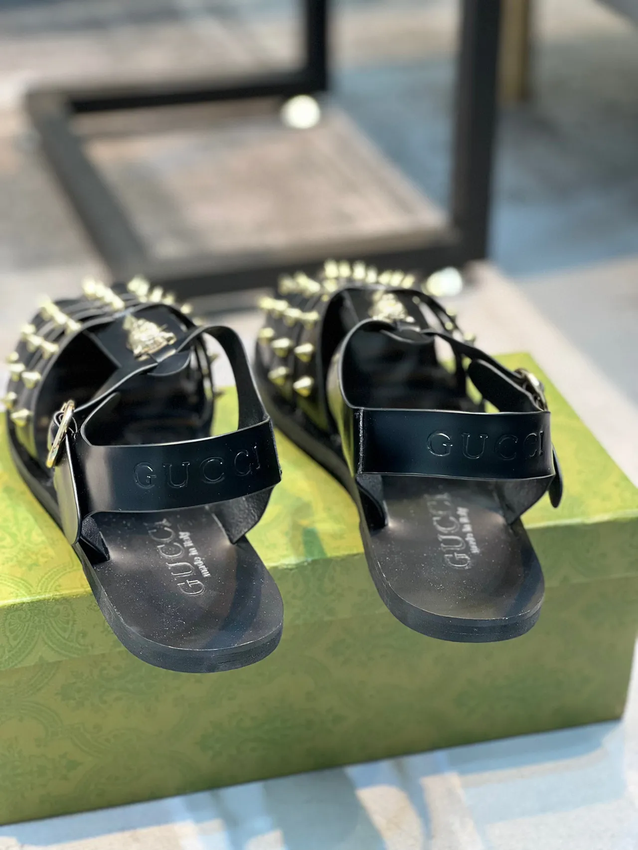 Gucci Dionysus Gladiator Black Gold Multi-Strap Studded Gladiator Sandals