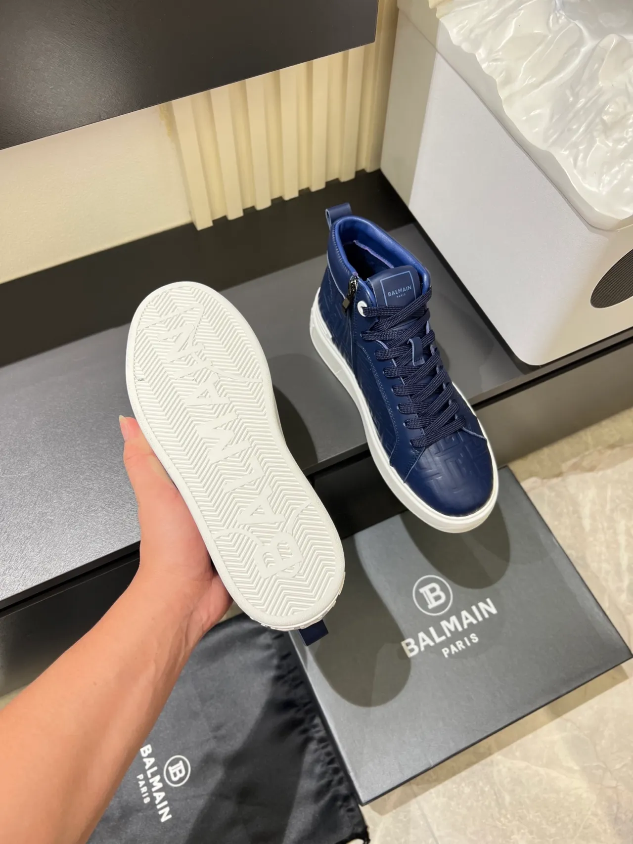 Balmain B-Court Navy White High-Top Embossed Leather Lifestyle Sneakers