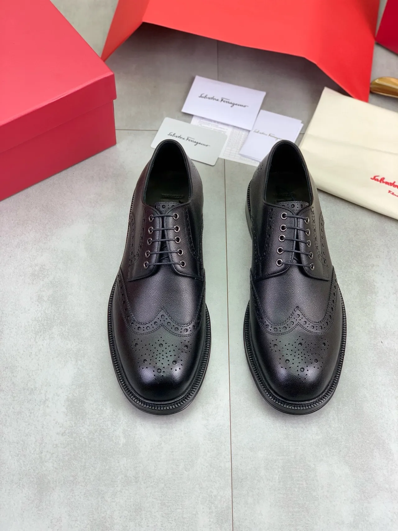 Salvatore Ferragamo Full Brogue Wingtip Black Pebbled Leather Brogues