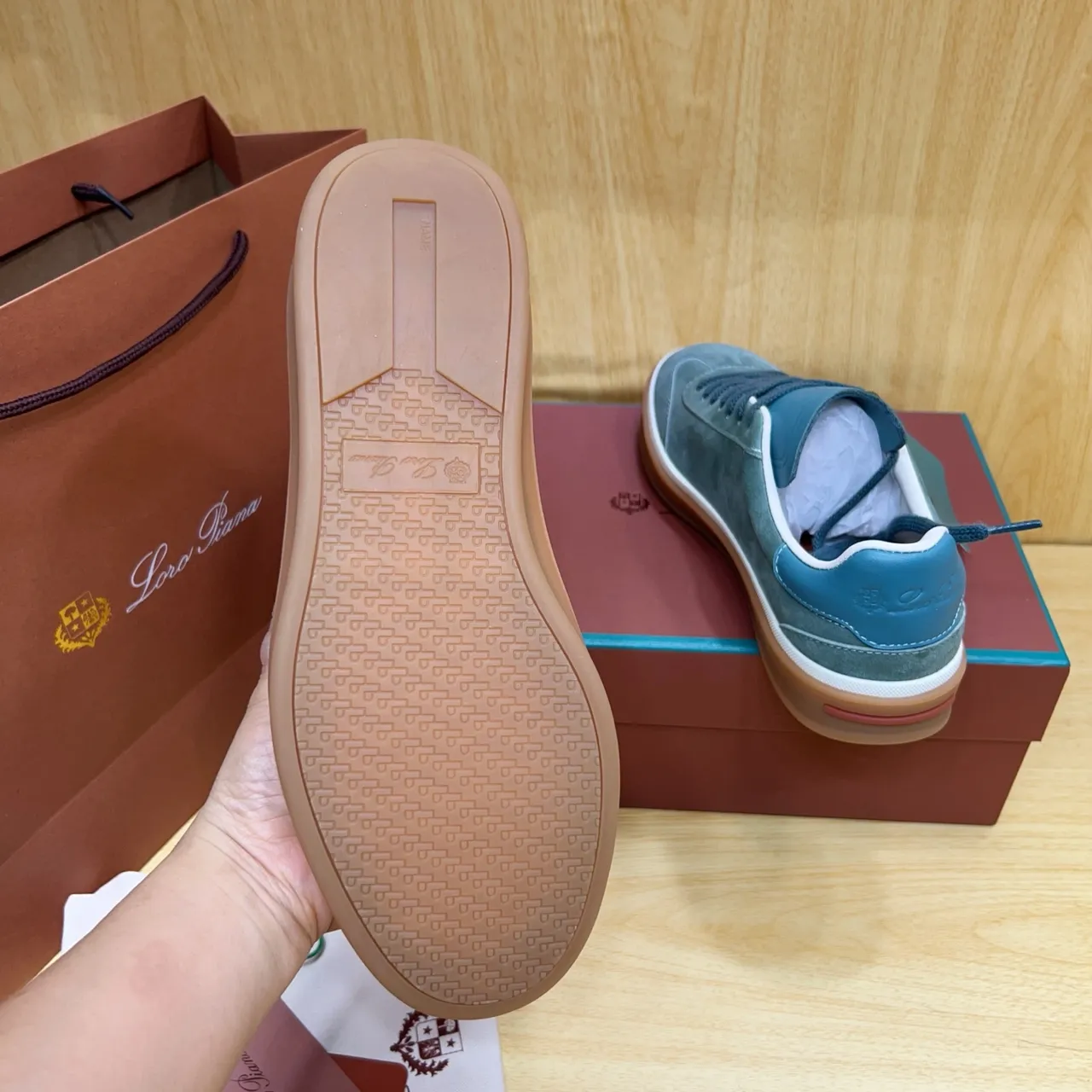 Loewe Green Blue Suede Upper Two-Tone Color Blocking Sneakers