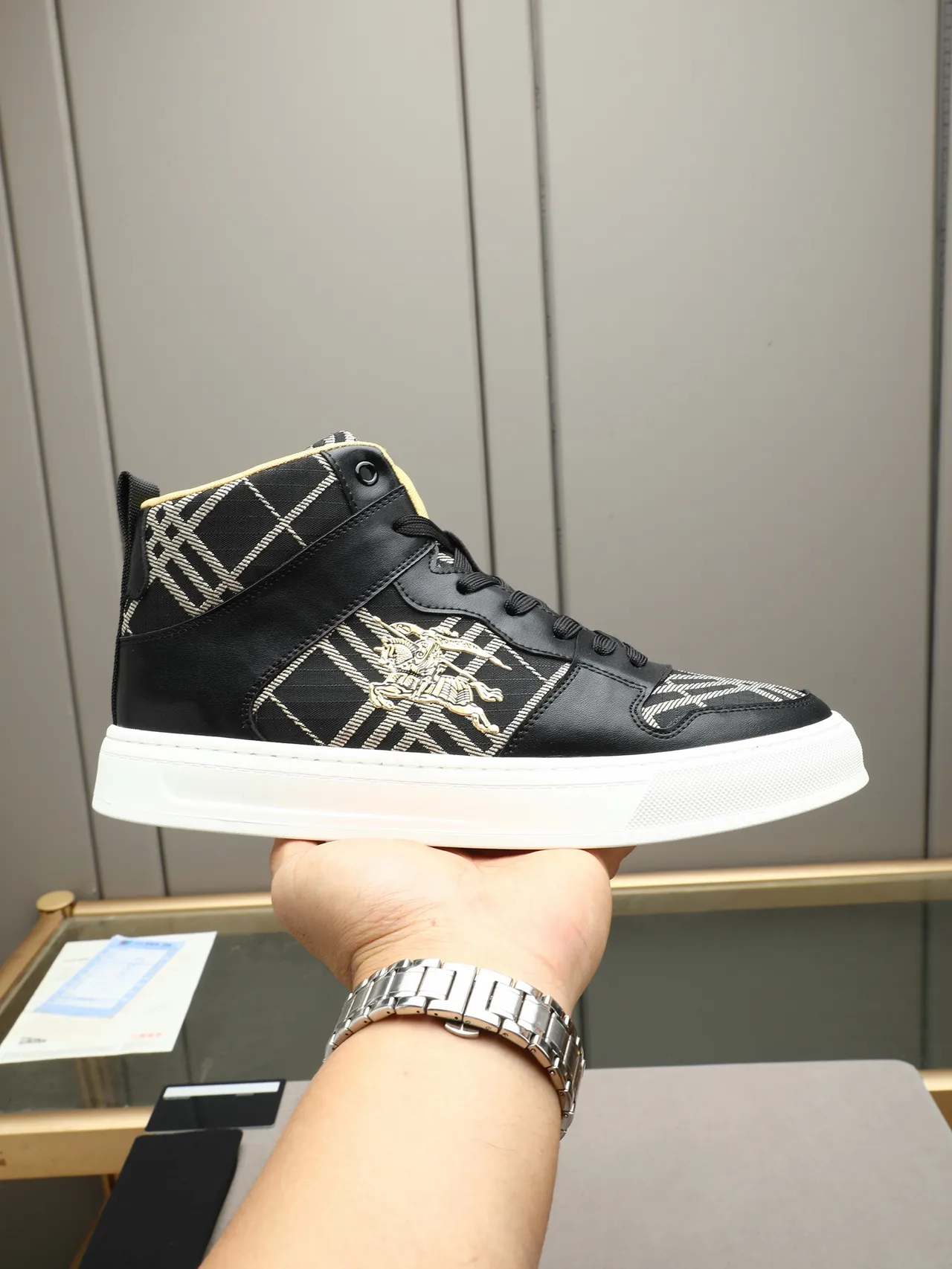 Burberry Black Gold High-Top Leather-and-Check Textile Lifestyle Sneakers