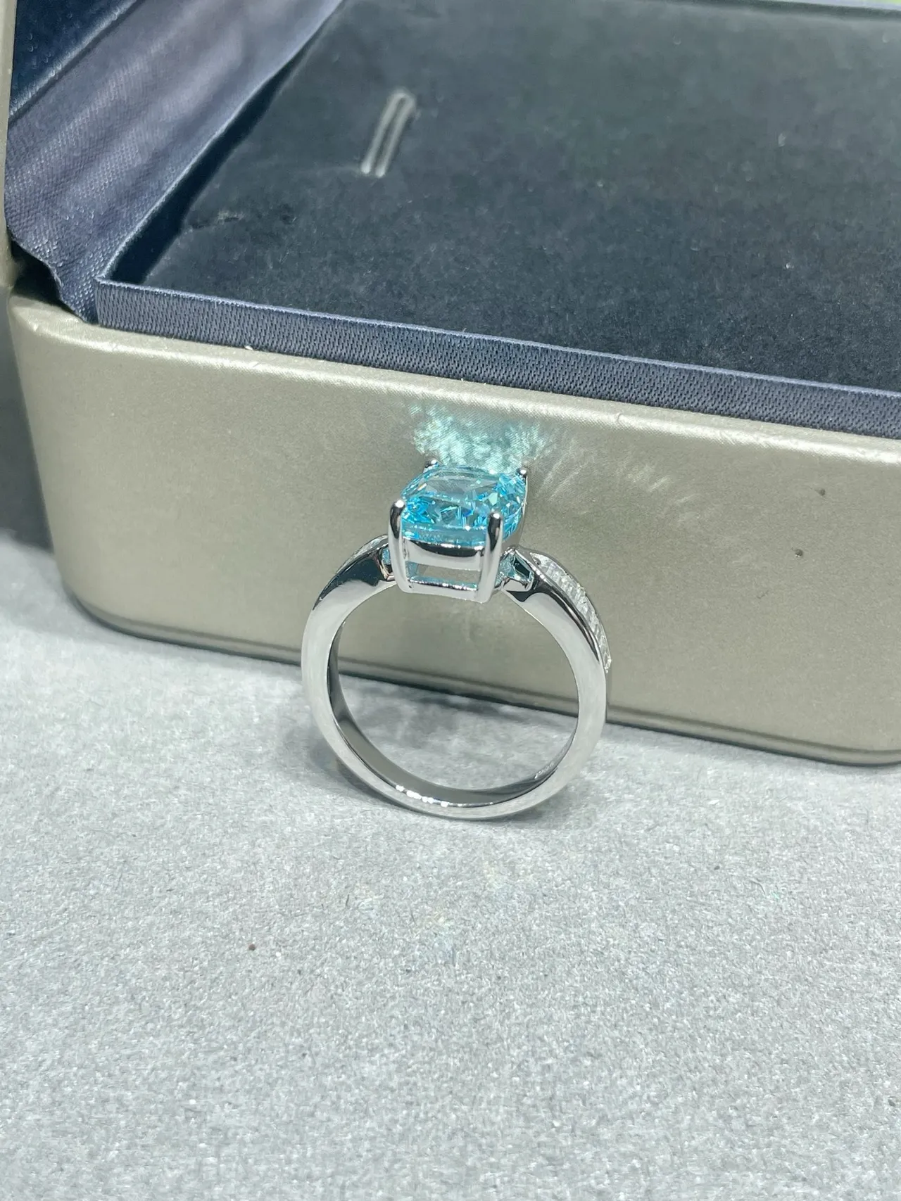 Blue Silver Cushion-Cut Central Stone Baguette Side Accents Ring