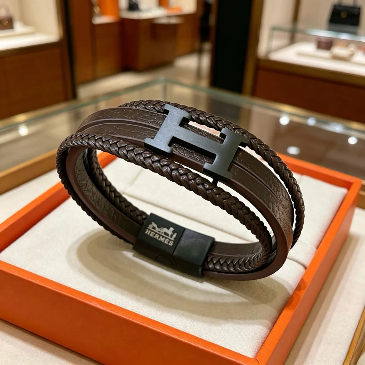 Hermès Brown Black Braided Leather Double-Wrap Bracelet