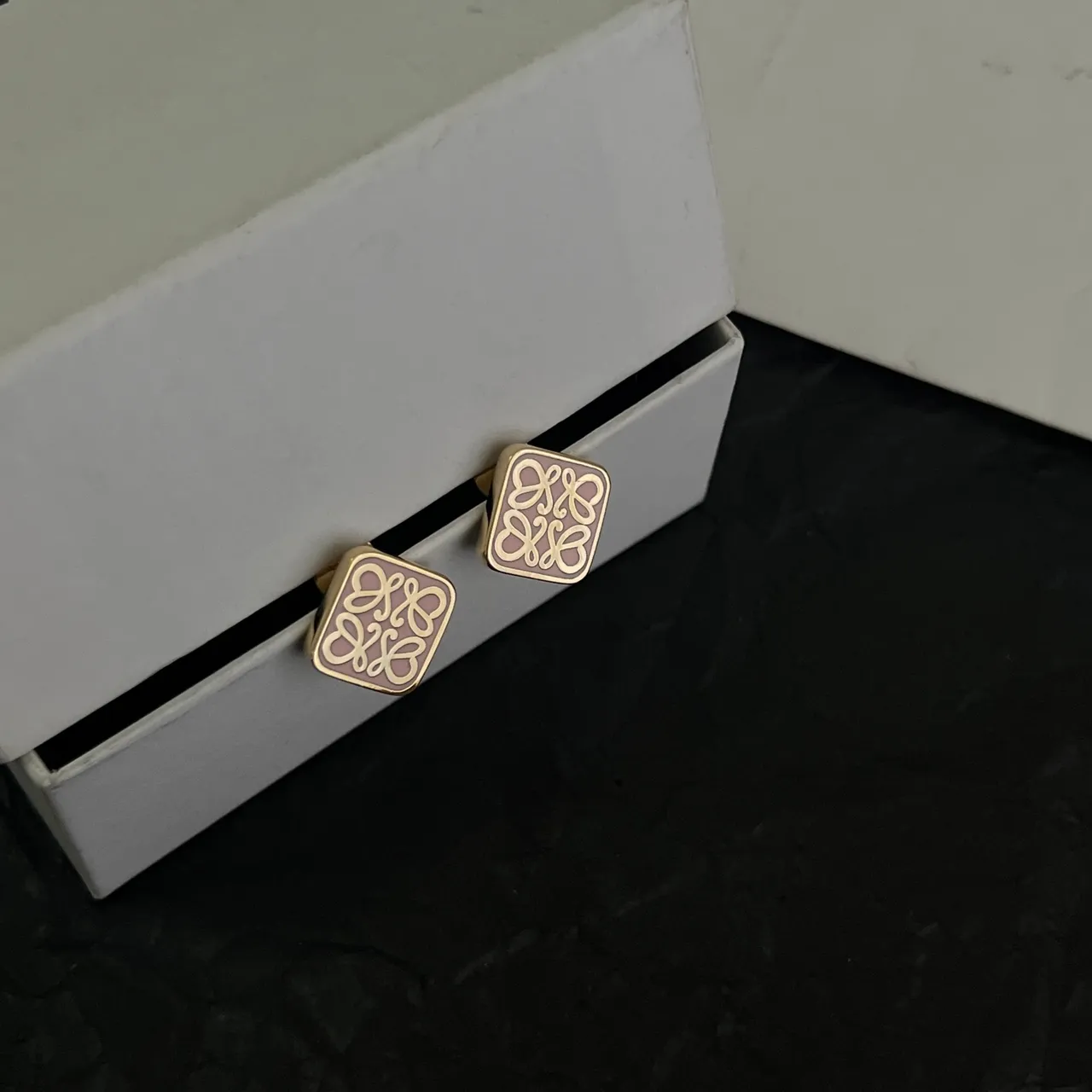 Loewe Anagram Gold Beige Square Stud Enamel-Filled Earrings