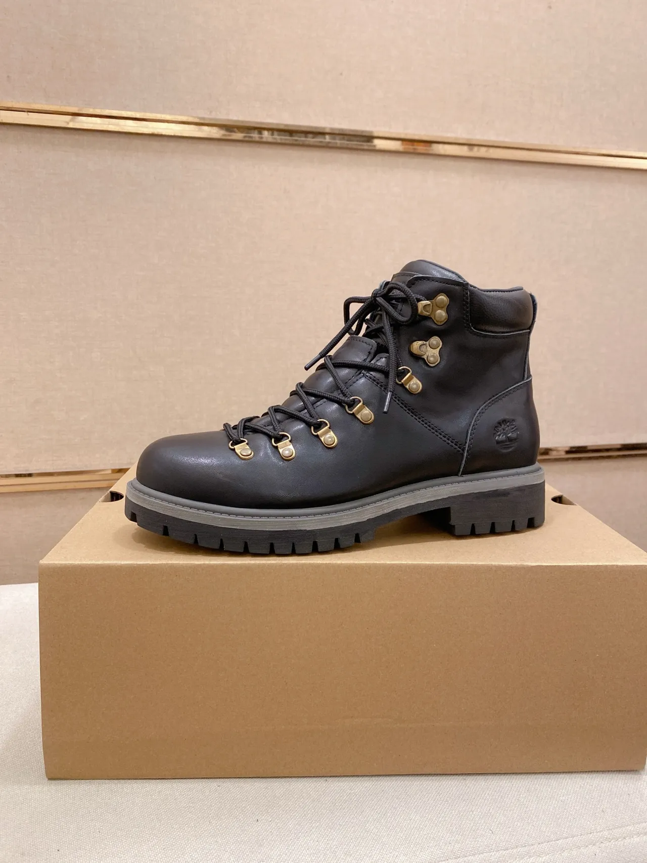 Timberland Premium 6-Inch Black Gray Leather Brass Hardware Work Boots