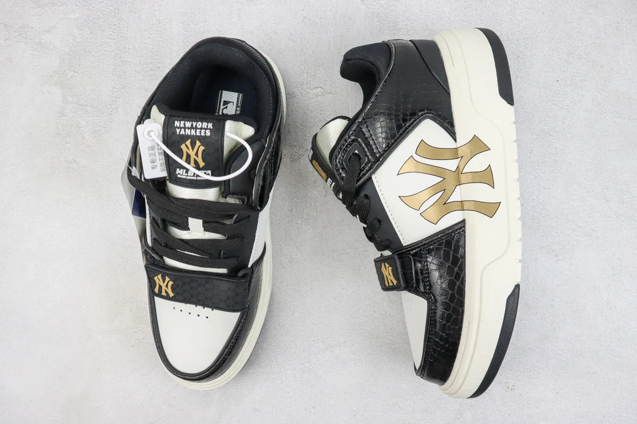 Mitchell & Ness Black Gold Crocodile-Embossed Leather White Side Panel Chunky Sneakers